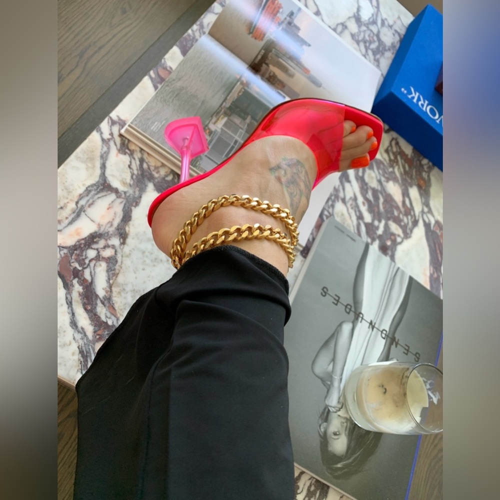 Amina Muaddi Lupita Glass Bubblegum Pink PVC Mule Mules Plastic Heels (39)